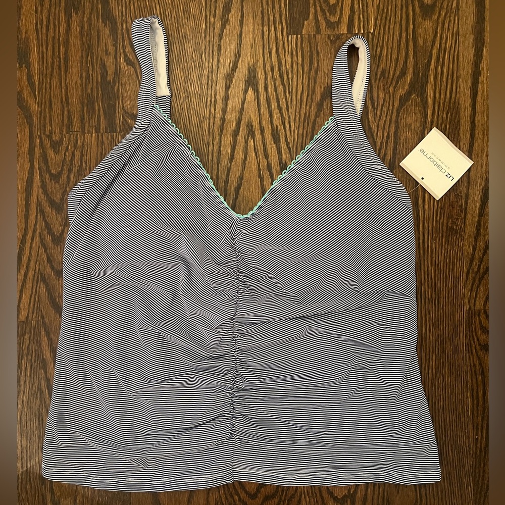 NWT Women's Liz Claiborne Swim Top Tankini Ruched Striped Navy White Size 16W